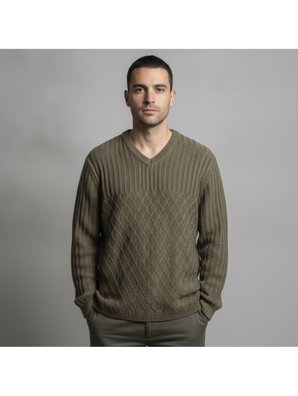 Vintage Jantzen Signature Olive Cable Knit V-Neck Sweater Made In Korea Sz L - Picture 2 of 8